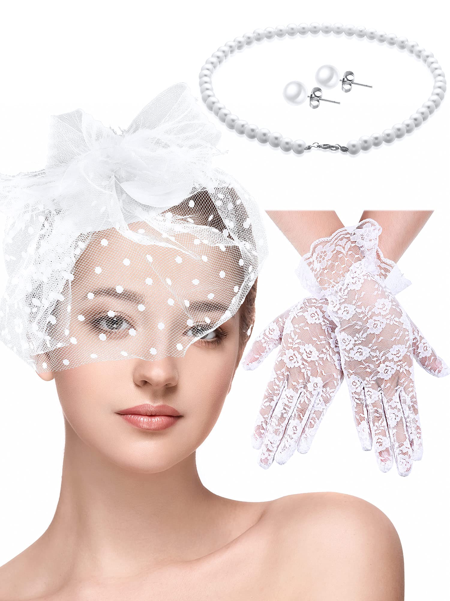 MAYCREATE® 4 Pcs 50s Fascinators Hat for Women Tea Party with Short Lace Gloves Pearl Necklace Earrings for Christmas Funeral MAYCREATE® 4 Pcs 50s Fascinators Hat for Women Tea Party with Short Lace Gloves Pearl Necklace Earrings for Christmas Funeral